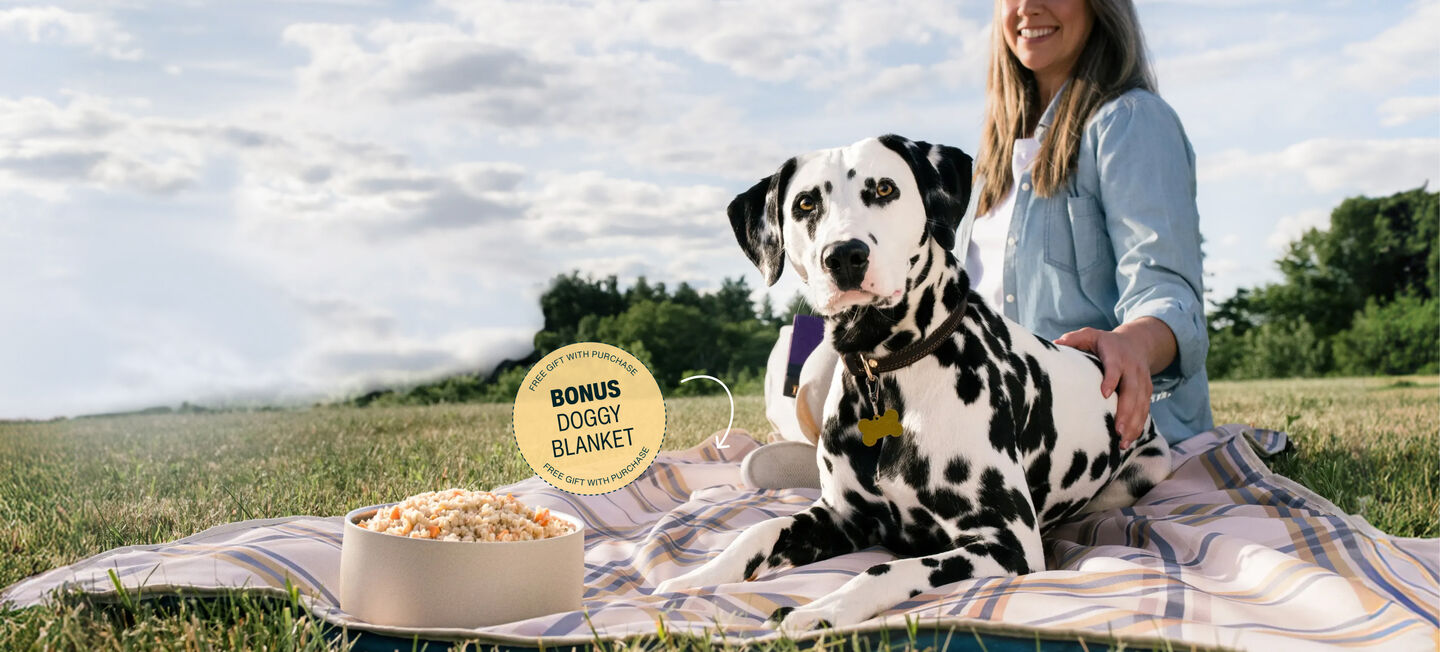 picture of a man holding a dog and bowl of food