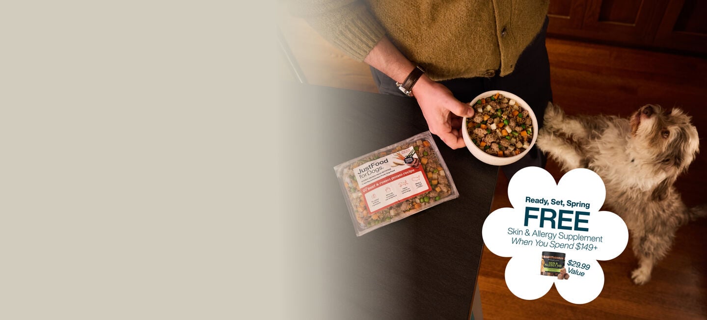 picture of a man holding a dog and bowl of food