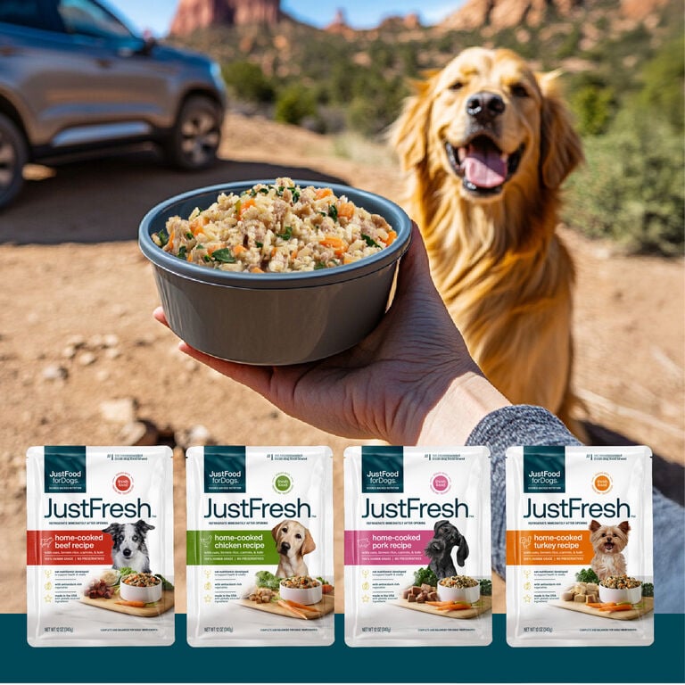fresh dog food in a pouch that is preservative-free and resealable for easy storage