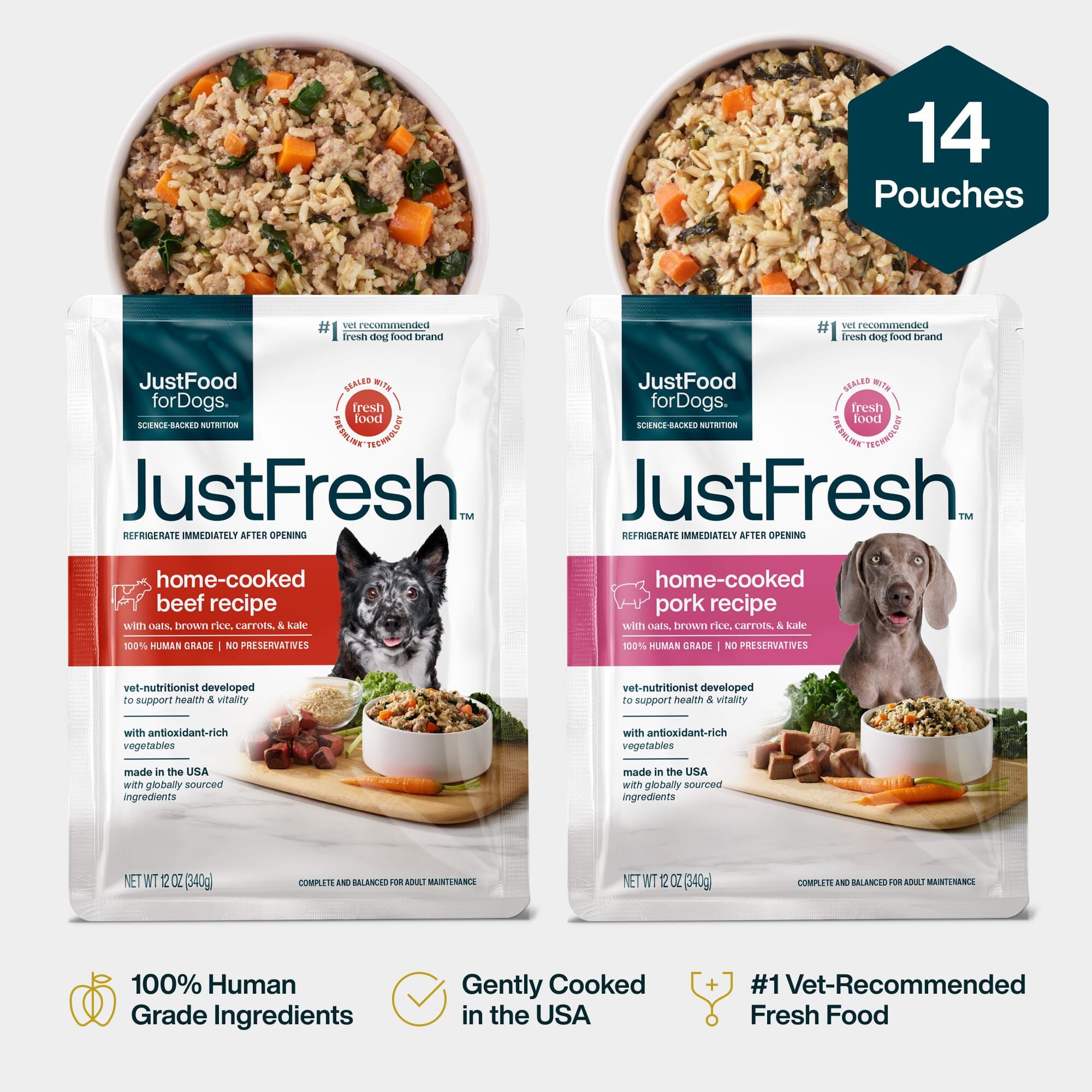 JustFresh Home-Cooked Beef & Pork Dog Food Pouches - 14 pack