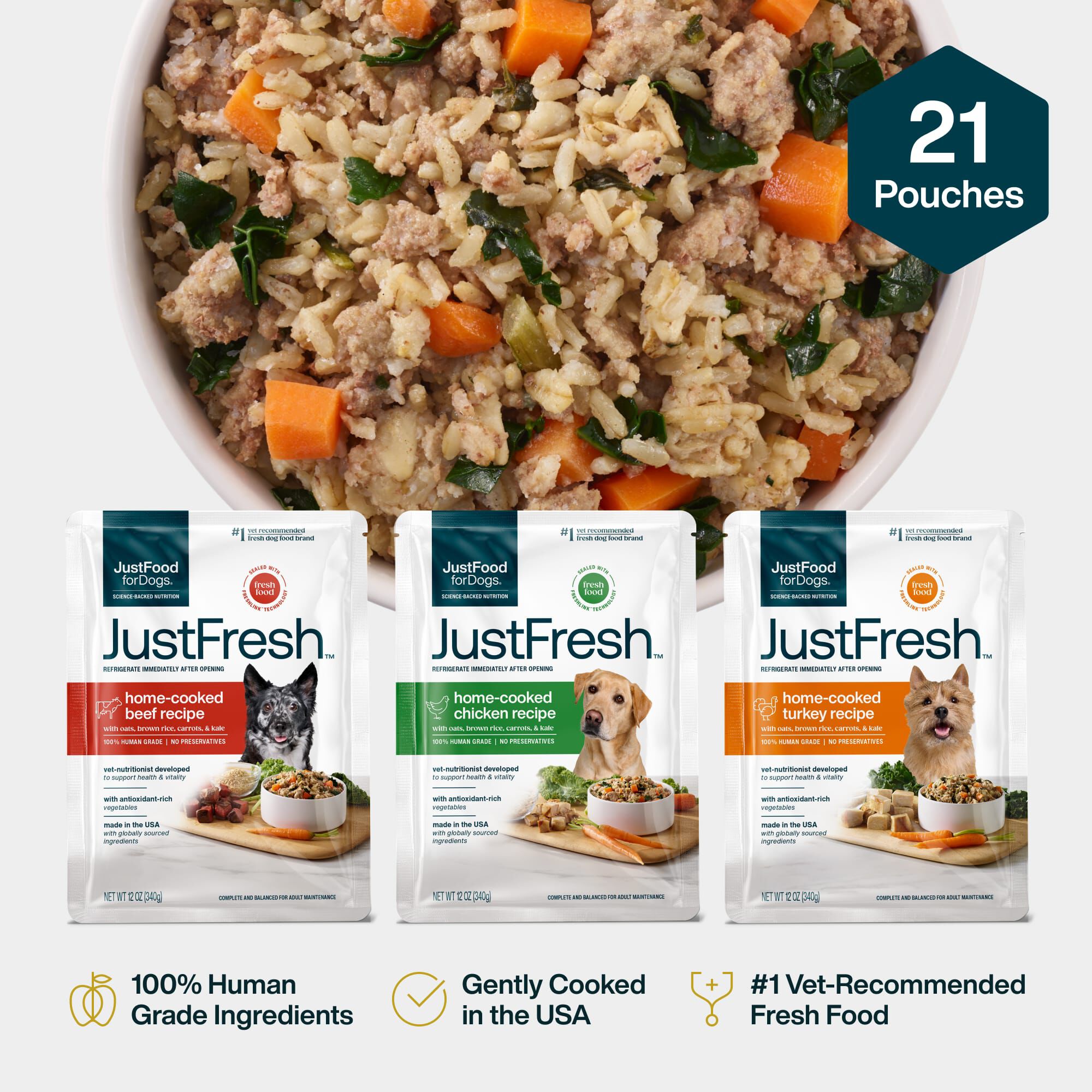 JustFresh Home-Cooked Beef, Chicken, & Turkey Dog Food Pouches