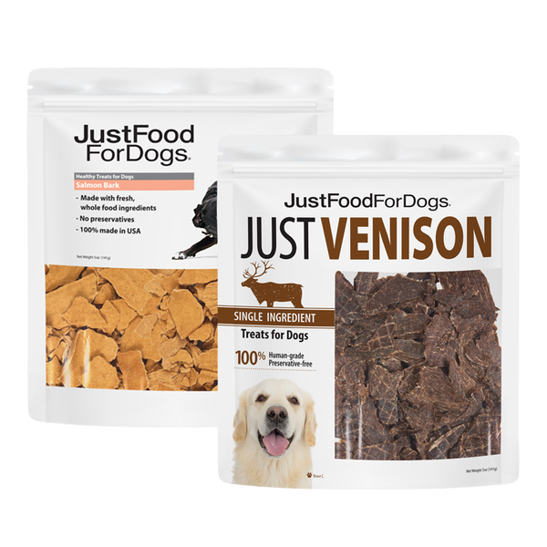 JustFoodForDogs Healthy Skin & Coat Dog Treats Bundle, Salmon Bark and Venison