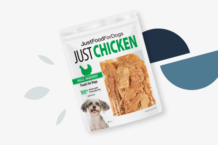 just food for dogs treats presented in bags, including chicken breast treats, chicken apple bark, pumpkin treats, beef liver bark, beef brisket, venison, and salmon bark
