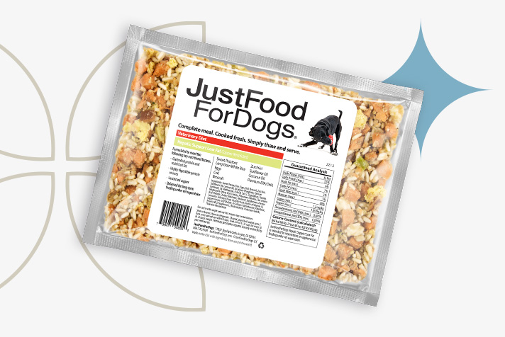 just food for dogs renal support low protein fresh frozen recipe presented in a bowl, with raw, fresh ingredients displayed around the bowl