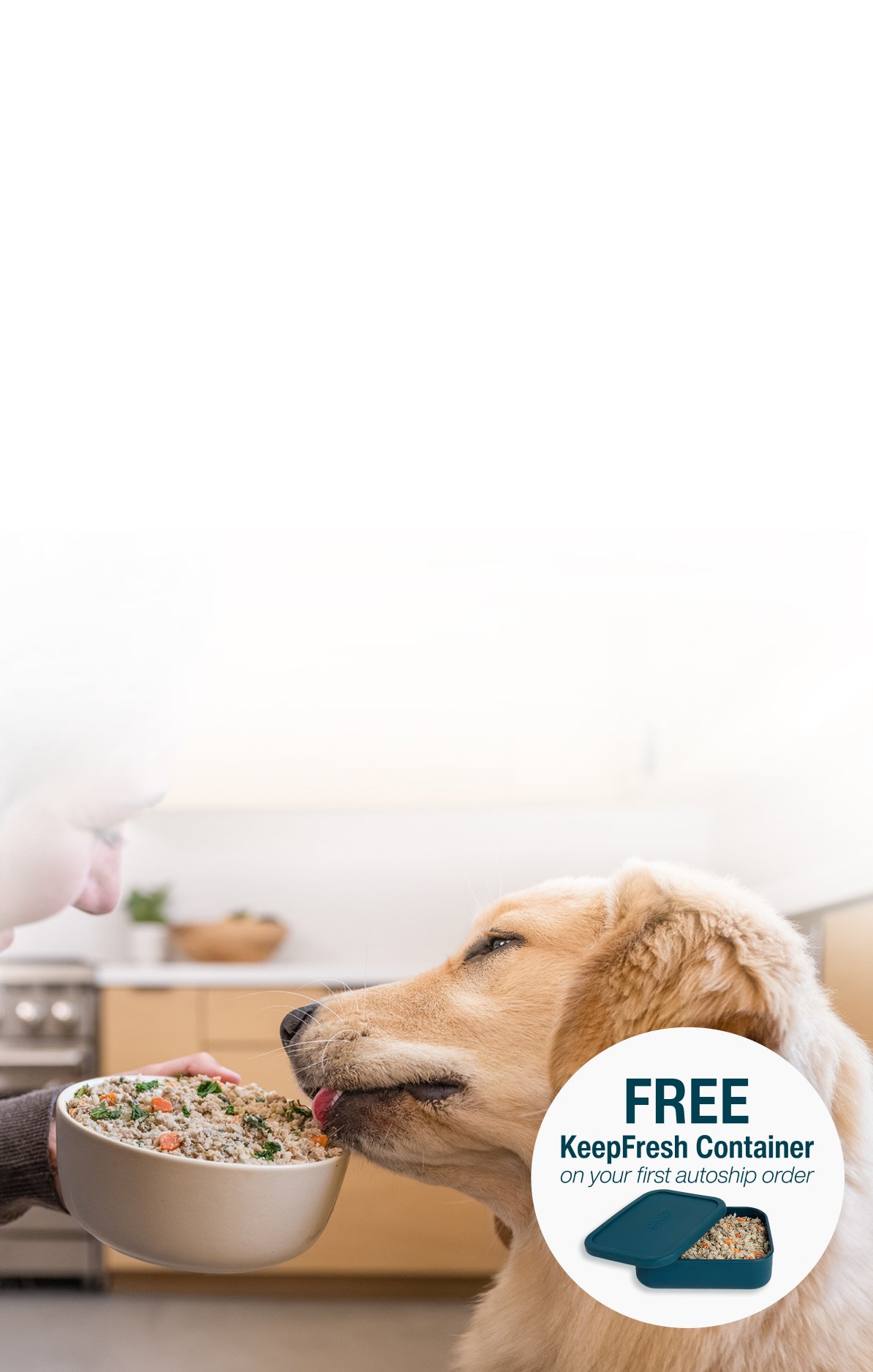 picture of a man holding a dog and bowl of food
