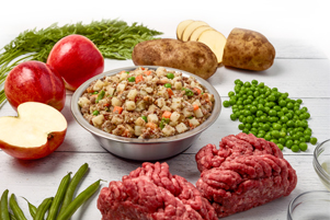 just food for dogs beef and russet potato recipe presented in a bowl with raw, fresh ingredients displayed around the bowl
