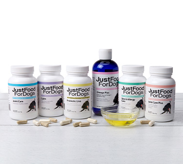 just food for dogs supplements, joint care, calm, probiotic live, omega plus fish oil, calm, skin and allergy care, and joint care plus