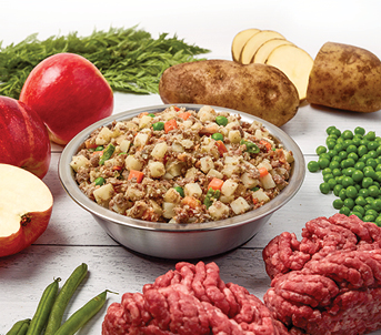 just food for dogs beef and russet potato recipe presented in a bowl with raw, fresh ingredients are displayed around the bowl