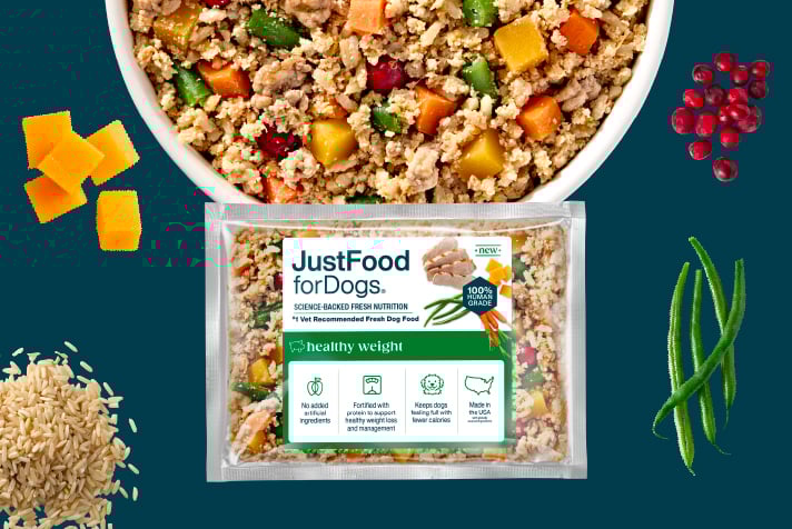 bowl and package of fresh dog food