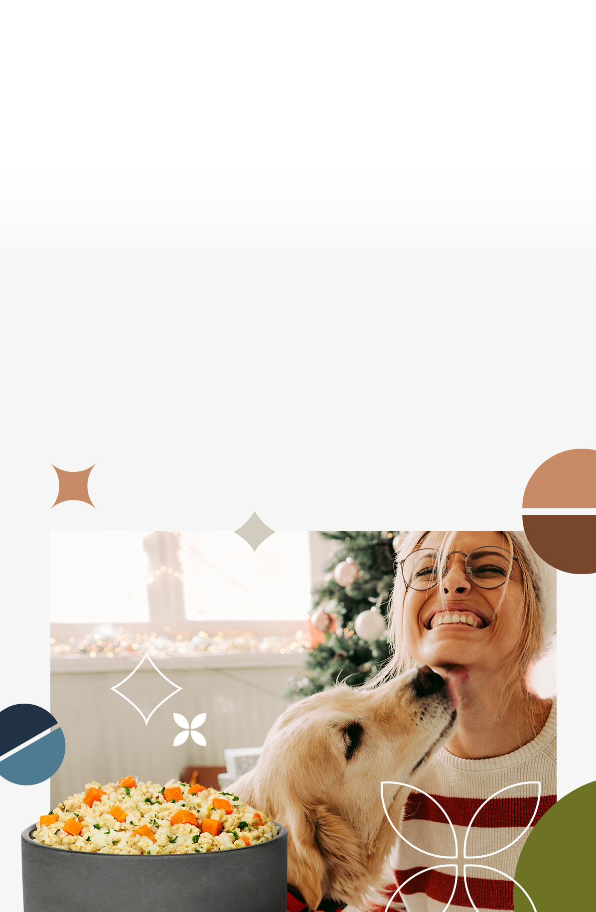 picture of a happy dog with an overlay of fresh dog food bowl