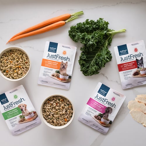 fresh dog food in a pouch that is preservative-free and resealable for easy storage