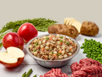 a bowl of just food for dogs beef and russet potato recipe with raw, fresh ingredients displayed around the bowl
