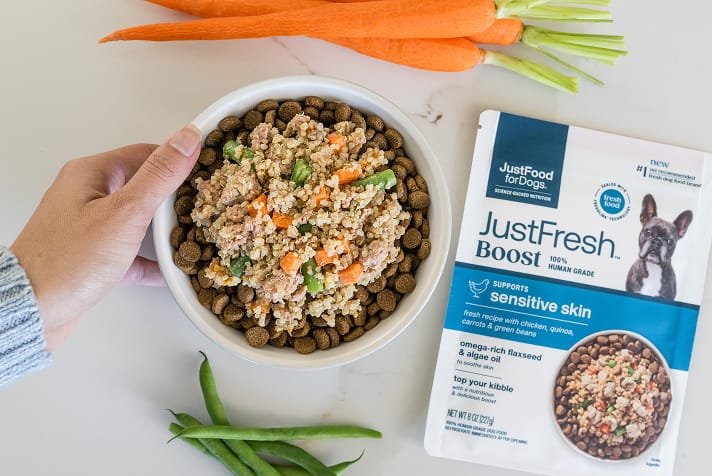 just fresh toppers on dry kibble next to a pouch of just fresh boost