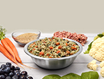 just food for dogs renal support low protein fresh frozen recipe presented in a bowl, with raw, fresh ingredients displayed around the bowl