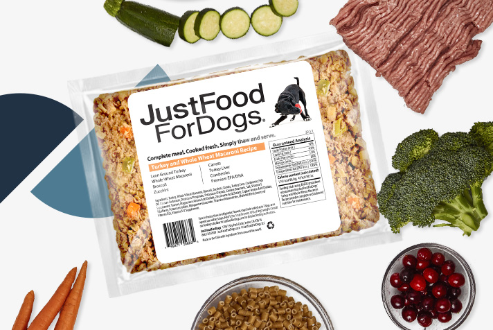 a bowl of just food for dogs beef and russet potato recipe with raw, fresh ingredients displayed around the bowl