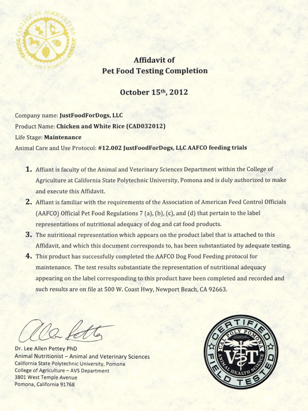 chicken and rice dog food AAFCO trials